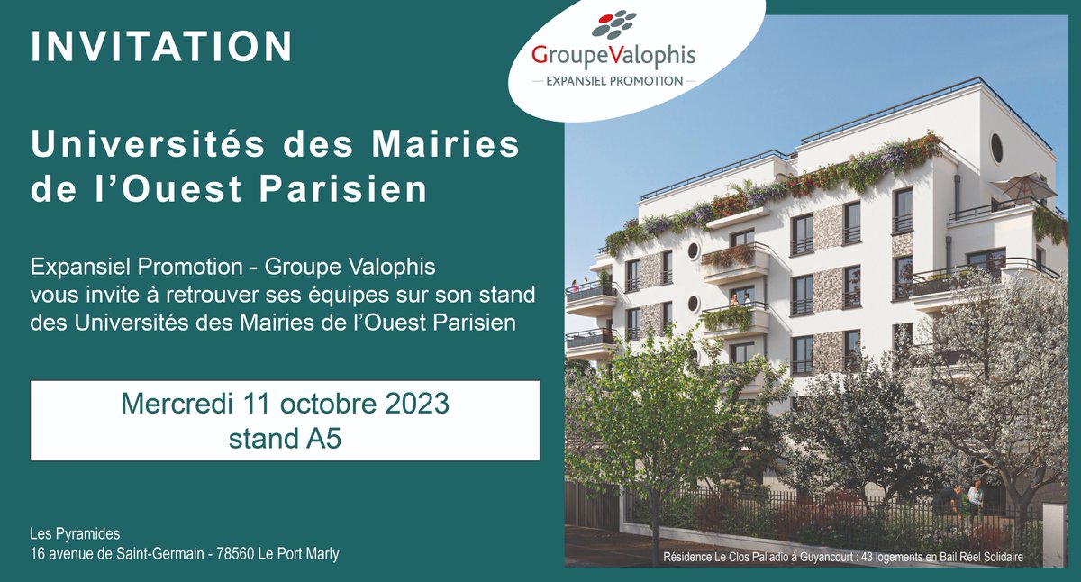 Expansiel Promotion - Groupe Valophis est présent aux Universités des Mairies de l'Ouest Parisien. Nous vous attendons sur notre stand !
#immobilierengagé