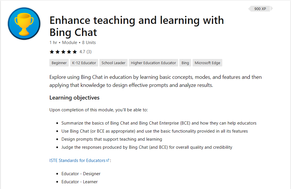 mtholfsen's tweet photo. NEW! A just-launched PD course "Enhance teaching &amp; learning with Bing Chat"  

Explore Bing Chat in EDU by learning concepts, modes, and features then applying that knowledge to design effective prompts and analyze results.

👉 https://t.co/DaY6oW7SOC

#edtech #MIEExpert #edchat https://t.co/oXVEMtc3DN