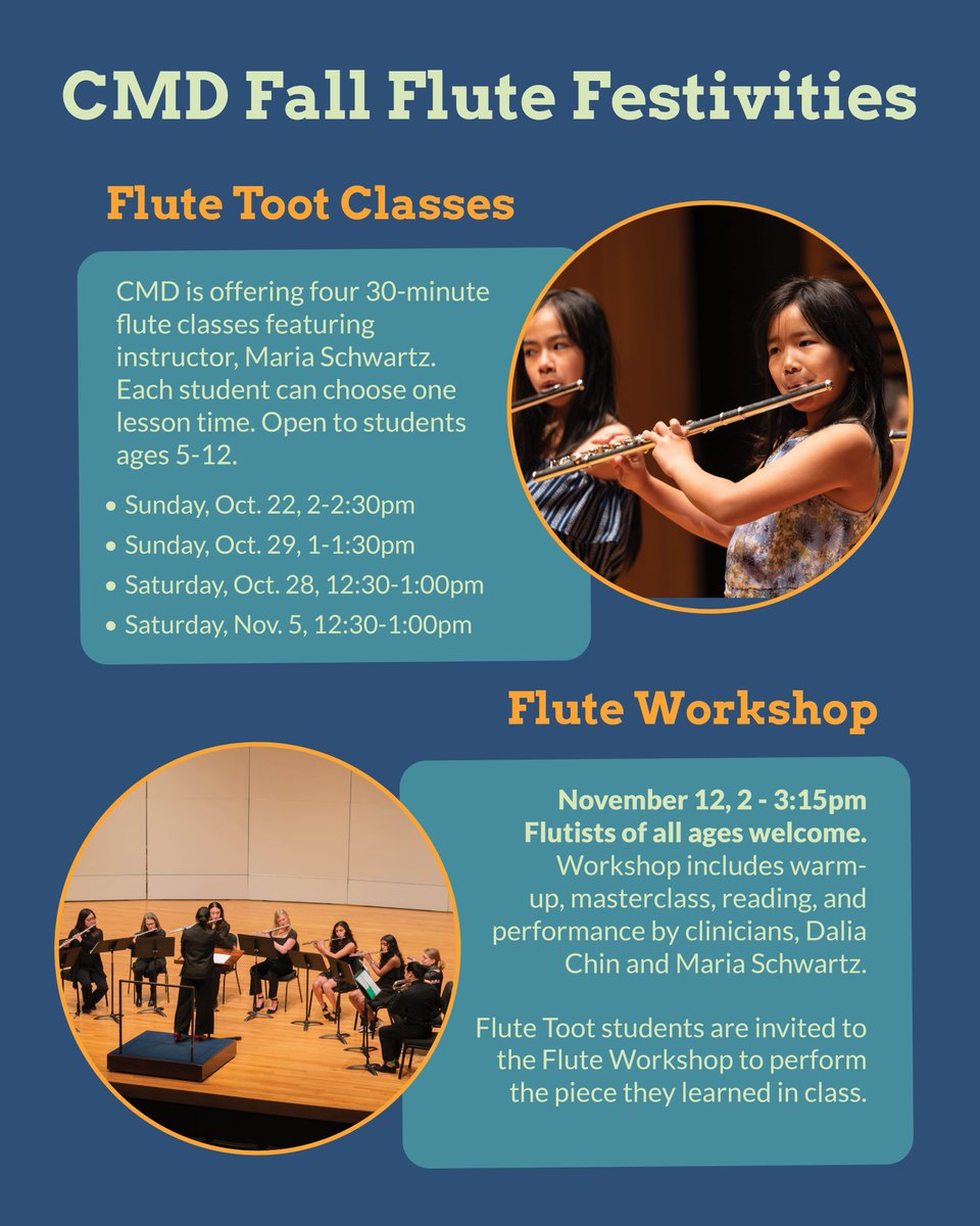 This year, we're hosting Fall #Flute Festivities, which includes Flute Toot Classes and a Flute #Workshop. We invite to participate if you or your child has an interest in exploring and discovering more about this musical #instrument! Learn more! music.depaul.edu/cmd/Pages/cmdf…