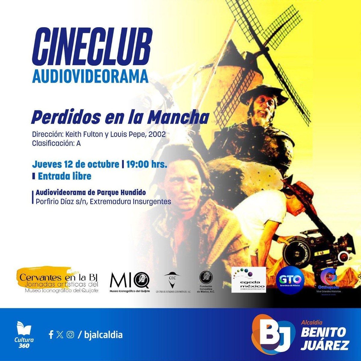 La legendaria película inacabada de Terry Gilliam es un viaje al caos creativo. #CulturaBJ🎬 🗓️12 de octubre 📍 Audiovideorama del Parque Hundido 🎟 Entrada libre