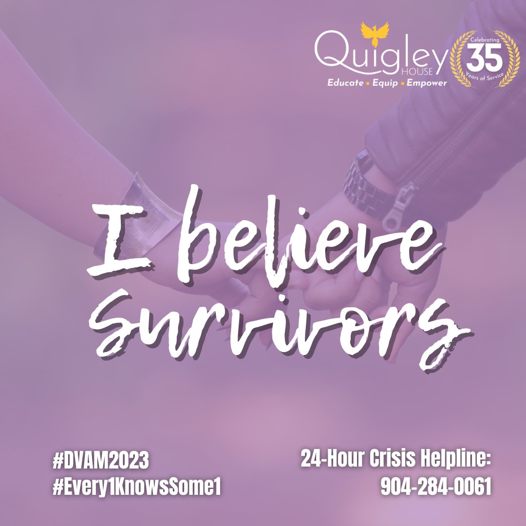 Quigleyhouse's tweet photo. When someone is experiencing domestic violence, they may feel like no one will believe them! When someone discloses, validate them.

You can  call Quigley House’s 24-hour crisis helpline at 904-284-0061. 

#DVAM2023 #Every1KnowsSome1 https://t.co/2AbOGyiWn3
