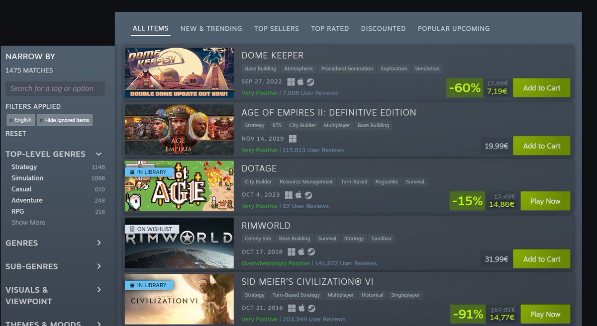 I'm going to get some fresh air. This is the city and settlement builders category on steam today. Brb