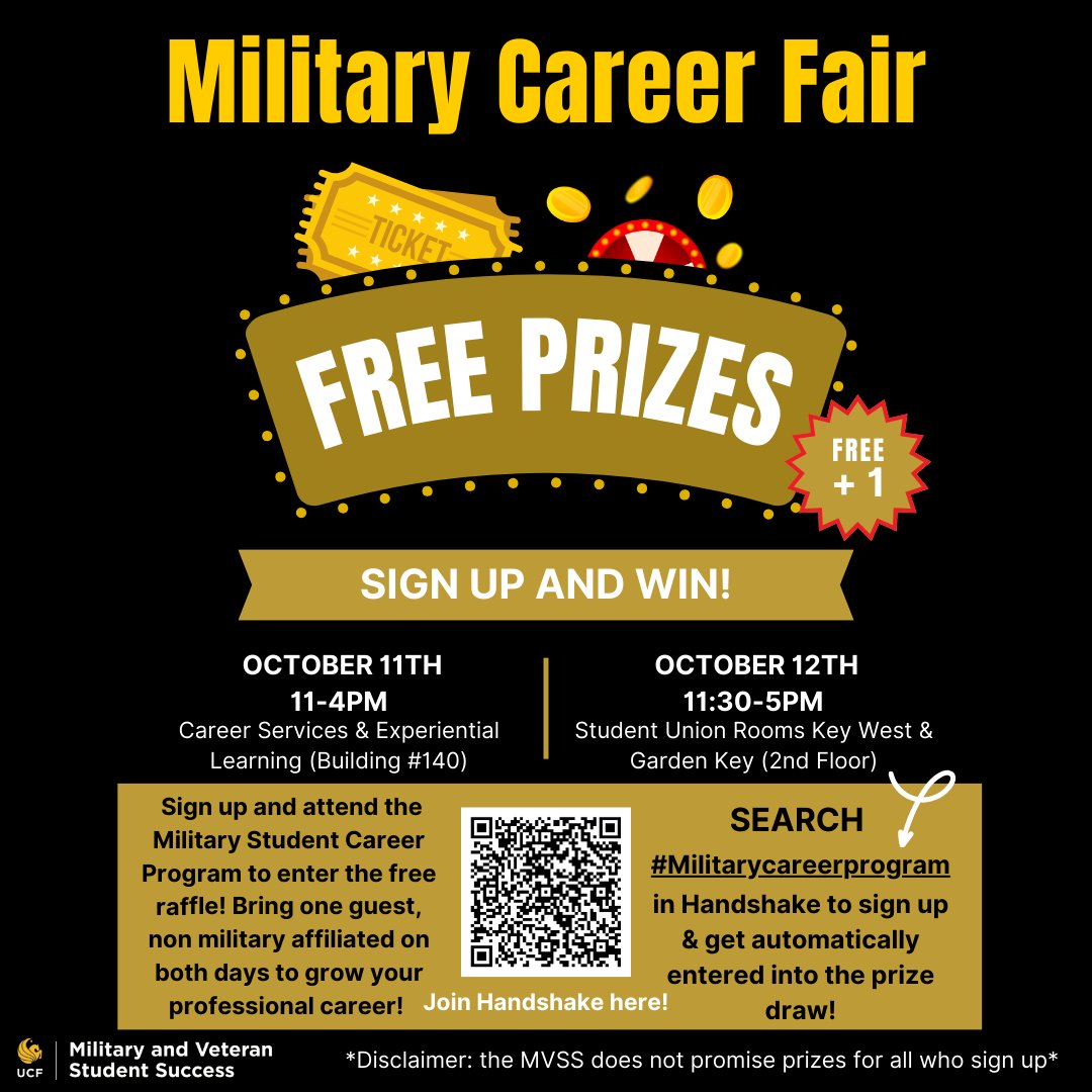 Military-connected Knights! The MVSS has free prizes  if you sign up and attend the Career Fair. Veterans, Dependents, &amp; all military-connected students are welcome, &amp; feel free to bring a+ 1 (non military affiliated) as well!

#military #veterans #knights #mvss #careerfair