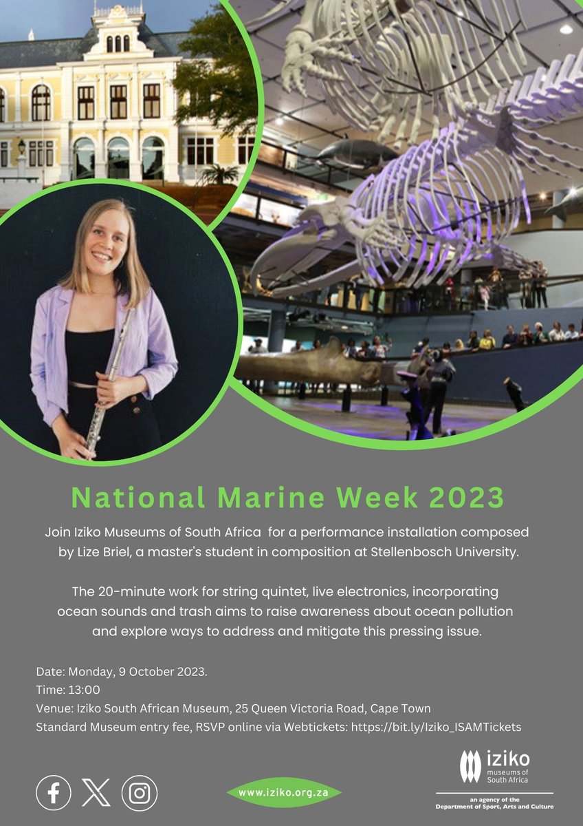 Join Iziko Museums of South Africa in celebrating #NationalMarineWeek 2023 with a performance installation composed by Lize Briel, master’s student in composition at Stellenbosch University.
🌊🎶

🎟️ RSVP today via Webtickets: bit.ly/Iziko_ISAMTick…  (std museum entry fee)