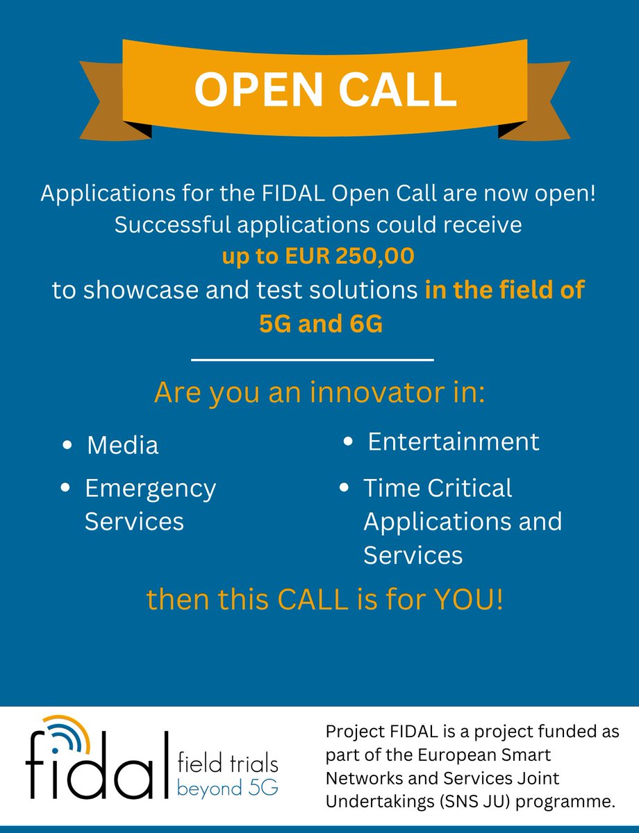 Did you miss the first Open Call (OC) webinar by FIDAL?
No worries! Recording and material are available here: lnkd.in/ehinfQVP

Registrations for the second webinar are also already open. Fill in the form to receive the meeting link!
lnkd.in/euNPcrRy

<a href="/6G_SNS/">SNS JU</a>