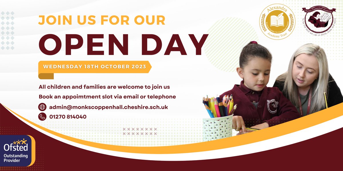 Are you applying for a place for your child in September 2024? Join us for an exciting School Open Day on Wednesday 18th October! By appointment only. Contact the Academy office on 01270 814040 to book your tour slot. #openday #primaryschool @crewenub