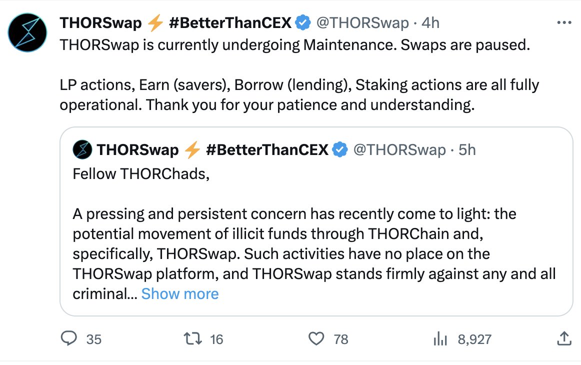 lookonchain's tweet image. After @THORSwap suspended swaps, FTX Exploiter started swapping $ETH for $tBTC and cross-chained to the Bitcoin network through @TheTNetwork.

So far, FTX Exploiter has swapped 75,636 $ETH($124M) for BTC assets and cross-chained to the Bitcoin network.