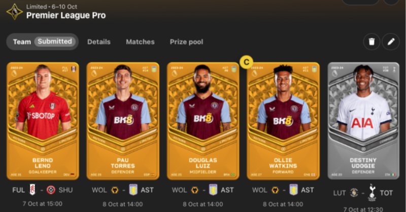 SorareHoward's tweet photo. No Voice after last nights antics. UTV. Going to be another difficult one to predict, Safer starters in the Premier League Pro, Risks are in Champ Europe. Emi 99%, Digne 90%, McGinn 80%, Bailey 60%, Konsa 80%. Everyone in Prem Pro should start. GL All