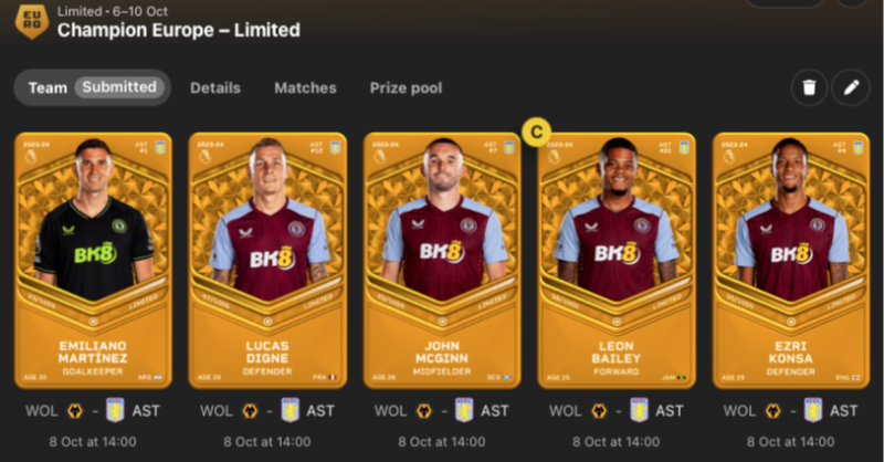 SorareHoward's tweet photo. No Voice after last nights antics. UTV. Going to be another difficult one to predict, Safer starters in the Premier League Pro, Risks are in Champ Europe. Emi 99%, Digne 90%, McGinn 80%, Bailey 60%, Konsa 80%. Everyone in Prem Pro should start. GL All