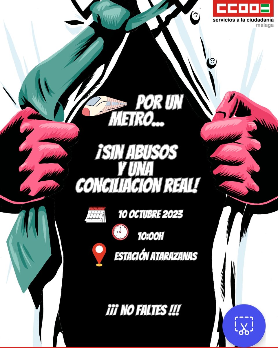 fscCCOOma's tweet photo. |CONCENTRACIÓN|
📢CCOO y la plantilla de trabajadores de @metrodemalaga mantienen las movilizaciones para el 10 de octubre tras no alcanzarse un acuerdo en la contratación
➡️Estación Atarazanas, #Málaga
🗓️10 de octubre
🕙10:00
💪Acude!!!
➕️ℹ️👇
https://t.co/qkVnnyFjip https://t.co/l3q8FoVnqz