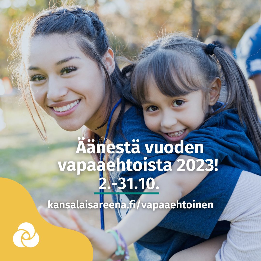 📣 Vuoden vapaaehtoinen 2023 -yleisöäänestys on alkanut! Tänä vuonna ehdolla on 63 omistautunutta vapaaehtoista ympäri Suomea. ❤️ Äänestää voit 31.10. asti.
 
Tutustu ehdokkaisiin ja siirry äänestämään 👉🏻 kansalaisareena.fi/vapaaehtoinen/

#VuodenVapaaehtoinen