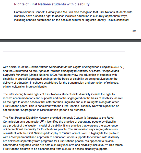 AllMeansAllAus's tweet image. We support our colleagues @FPDNAus advocating for the right of First Nations students with disability to access culturally appropriate inclusive education, as cited by Commissioners Galbally, McEwin &amp;amp; Bennett in the #DisabilityRC Final Report.

#CultureIsInclusion #EndSegregation