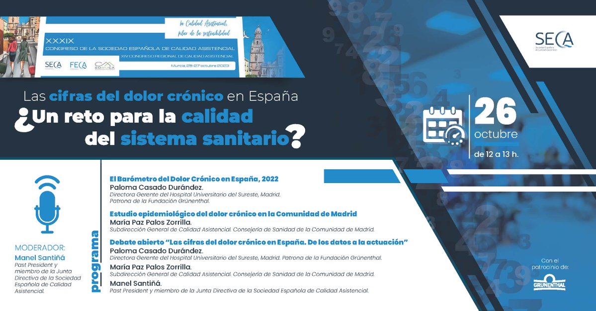 👉XXXIX Congreso de la <a href="/CalidadAsistenc/">SECA ~ Sociedad Española de Calidad Asistencial</a>
🗓️Del 25 al 27 de octubre
📍En Murcia
🔍Datos del #BarometroDeDolorCrónico en 🇪🇸
🔍Estudio epidemiológico de la <a href="/ComunidadMadrid/">Comunidad de Madrid</a>
🔍Cómo el sistema sanitario puede afrontar estas cifras
ℹ️Info y registro: calidadasistencial.es/congreso-seca-…
#SECA23