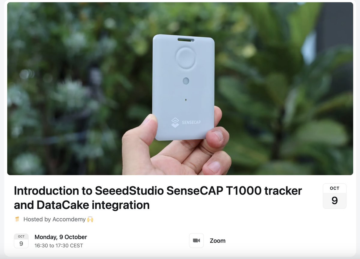 📣#Event2Attend Wonder how to create a visual dashboard for your tracking solutions? Join our ranger <a href="/0xsalfar/">Salman Faris</a> on Oct 9 in an online workshop to discover the seamless integration of our #SenseCAP T1000 #LoRaWAN Tracker with <a href="/datacake/">Datacake</a> #IoT platform. 

✍️Register: