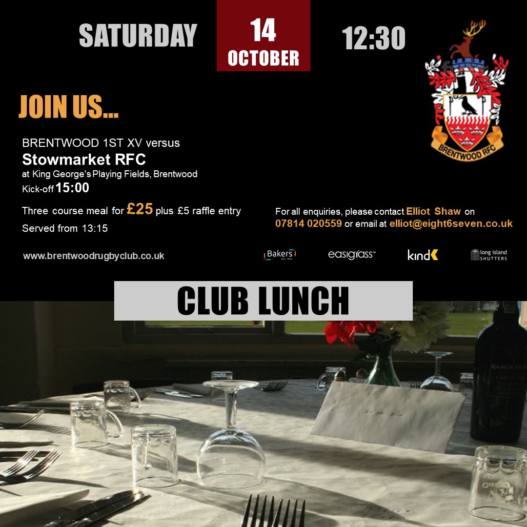 BrentwoodRFC's tweet photo. Still time to book your place at the next club lunch on October 14th and then watch the 1st XV against @StowmarketRUFC https://t.co/JxfSgNEhbV