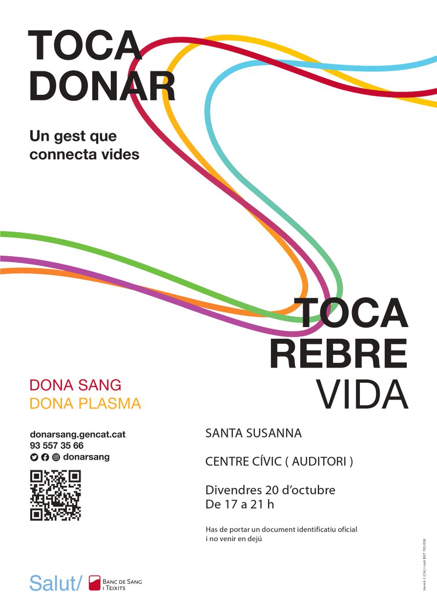 Jornada de donació de sang a #SantaSusanna🩸

El pròxim 20 d'octubre, l'Auditori del Centre Cívic de Santa Susanna albergarà una nova jornada de donació de sang. Per poder ser partícip, s'haurà de portar un document identificatiu oficial i no venir en dejú.

#DonacióDeSang