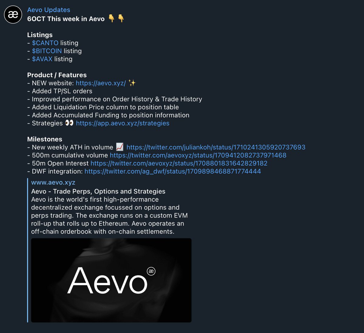 This week in Aevo 👇 These updates are sent on Discord and on Telegram. If  you are interested in following, join our channel here:  https://t.co/ayh3oGCvEx