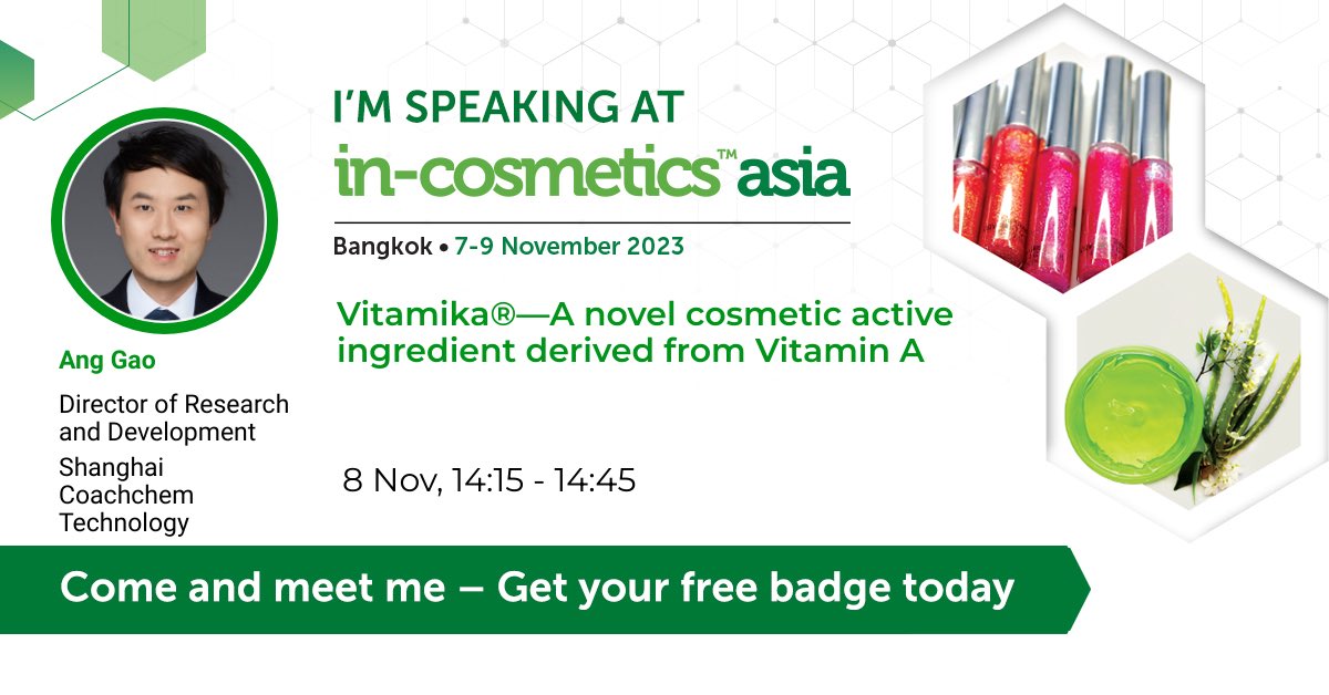 Coachchem (@coachcheminsh) on Twitter photo Our R&D Director <a href="/BestCrossTalkS1/">Dr. Ang Gao Shanghai Coachchem</a> will share something about #vitamin at in-cosmetics asia.#incosasia
See you in Bangkok! Our R&D Director <a href="/BestCrossTalkS1/">Dr. Ang Gao Shanghai Coachchem</a> will share something about #vitamin at in-cosmetics asia.#incosasia
See you in Bangkok!