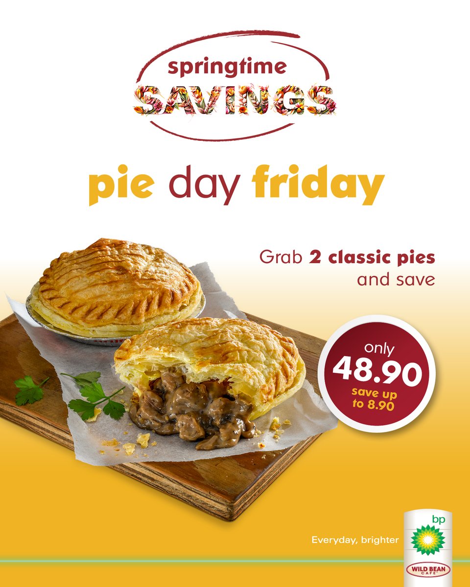 bp_SouthAfrica's tweet photo. Happy Fri-yay!
You know what that means?
It’s time to get to Wild Bean Cafe for a Pie Day Friday Deal – any 2 classic pies for just 48.90! Only at bp
#SpringtimeSavings #PieDayFriday #EverydayJourneys https://t.co/pIi7FWQ4MX