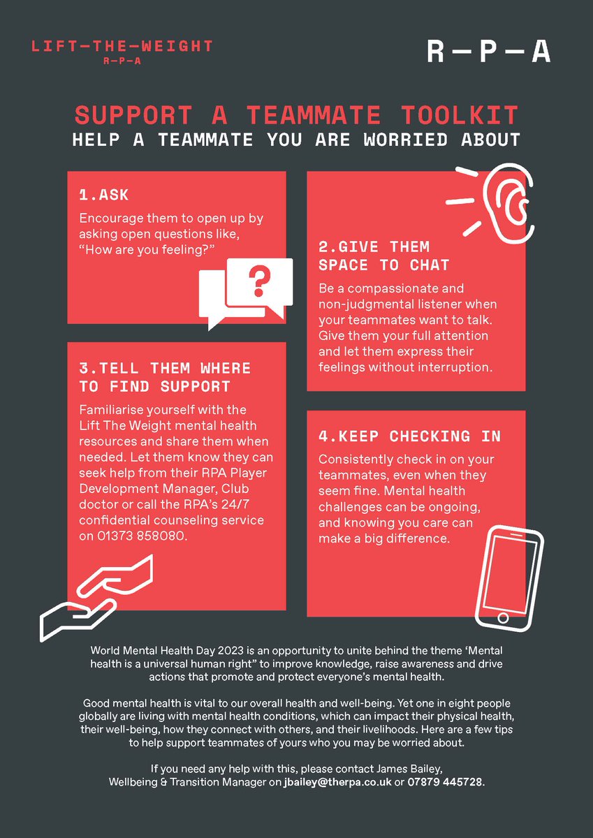 Good mental health is vital to our overall health &amp;well-being. Yet one in eight people are living with mental health conditions, which can impact their physical health and wellbeing

Here are some tips to help support teammates who you may be worried about

#WorldMentalHealthDay