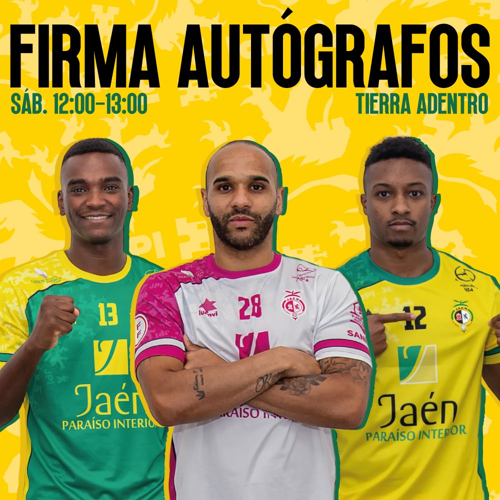 🖊️ Mañana sábado, de 12:00 a 13:00, firma de autógrafos en nuestro stand de Tierra Adentro en <a href="/FERIASJAEN/">IFEJA FERIAS JAEN</a> 

⚽️ <a href="/HelderGonsalve/">Helder Gonsalves</a>, <a href="/dudufutsal30/">🅳🆄🅳🆄 🅵🆄🆃🆂🅰🅻 🧤⚽️</a> y <a href="/renaescuro/">Renato</a> 

🛒 También podrás conseguir las nuevas camisetas y todo el merchan oficial del JPI

🎫 Entrada gratuita

#SomosJaén💛