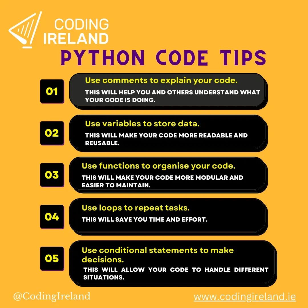 codingireland's tweet image. #TechTipFriday Here is a bonus tip: Make coding fun! Choose projects that you are interested in, and don&apos;t be afraid to experiment. See our website for our python course!

#coders #python #codingireland