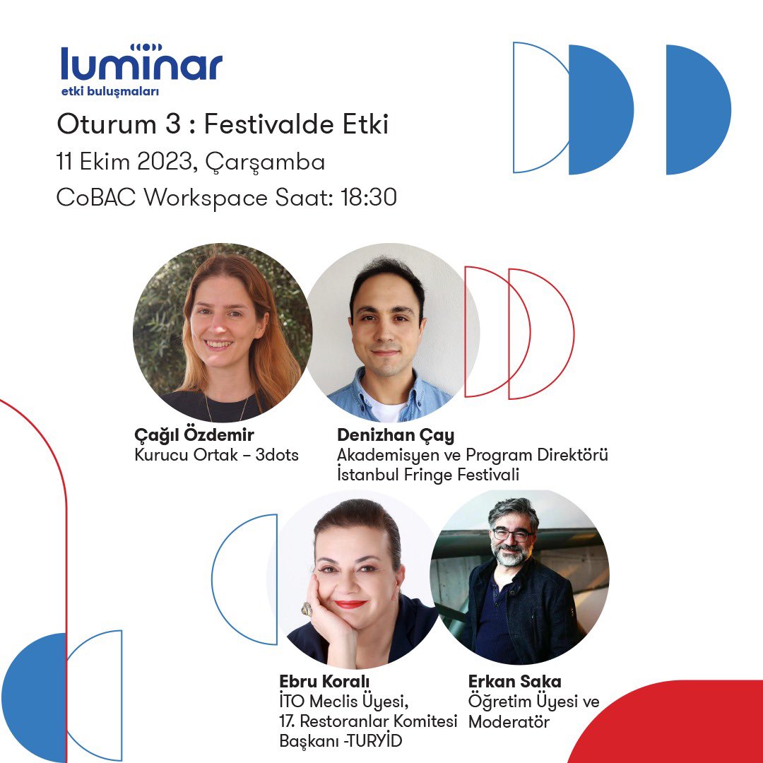 CoBACWorkspace's tweet photo. Luminar: Etki Buluşmaları'nın 3. Oturumu, Festivalde Etki başlığıyla 11 Ekim 18:30'da Innovation for Development ve CoBAC iş birliğiyle gerçekleşiyor!

Festivalde Etki'yi; Erkan Saka moderatörlüğünde Ebru Koralı, Çağıl Özdemir ve Denizhan Çay ile tartışacağız.

Festivallerin sosyo-ekonomik ve kültürel kalkınmaya etkisi; birey-toplum gelişimi ve ekolojik sürdürülebilirlikle ilişkisi konularına odaklanacağımız oturuma katılmak için bio'daki linkten kaydınızı yapabilirsiniz!

  🔶 

The 3rd session of Luminar Impact Meetings will take place on October 11 at 18:30 with the title Impact at the Festival in collaboration with Innovation for Development and CoBAC!

We will discuss Impact at the Festival with Ebru Koralı, Çağıl Özdemir and Denizhan Çay, moderated by Erkan Saka.

You can register from the link in bio to join the session where we will focus on the impact of festivals on socio-economic and cultural development, individual-community development and ecological sustainability!
 
💻 https://t.co/s3qtWQ0dEp
📍Eminönü, İstanbul
☎️+90 212 905 53 00
📩 hello@cobac.work
 
#ThisisCoBAC #innovationfordevelopment #LuminarEtki #LuminarEtkiBuluşmaları #FestivaldeEtki 

@shilkmilk @sakaerka
