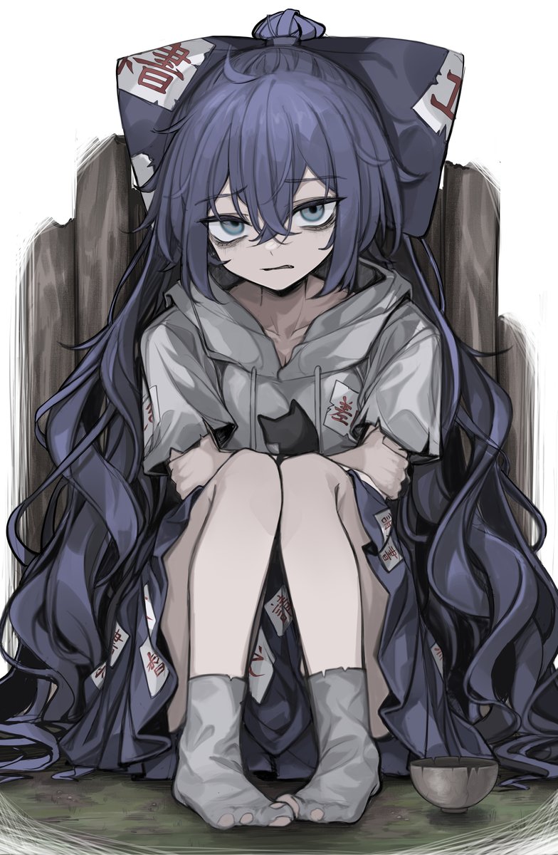 yorigami shion 1girl long hair solo skirt grey hoodie bow blue hair  illustration images