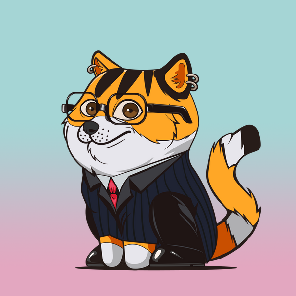 BabyDogeNFTs's tweet image. A baby doge NFT with a new dawn background and cat fur wears business clothing and exotic earring headwear. Its astro mouth and business eyes show its determination to succeed in the world of finance.