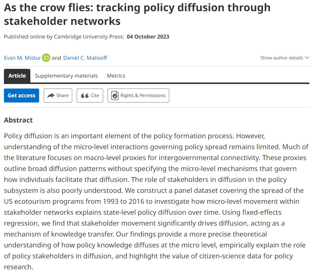 A new interesting article, “As the crow flies: tracking policy diffusion through stakeholder networks”, by Evan M. Mistur and Daniel C. Matisoff is now available on our FirstView page: t.ly/p8K6Z
