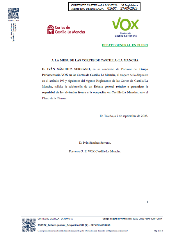 VoxCLM's tweet photo. 📗 Iniciativa de @Vox_CortesCLM para celebrar un #DebateGeneral relativo a garantizar la seguridad de las viviendas frente a la ocupación en Castilla-La Mancha.

«La vivienda es un bien social primario, fundamental para la realización de la persona».

#SóloQuedaVOX https://t.co/zS1QUiBx3U