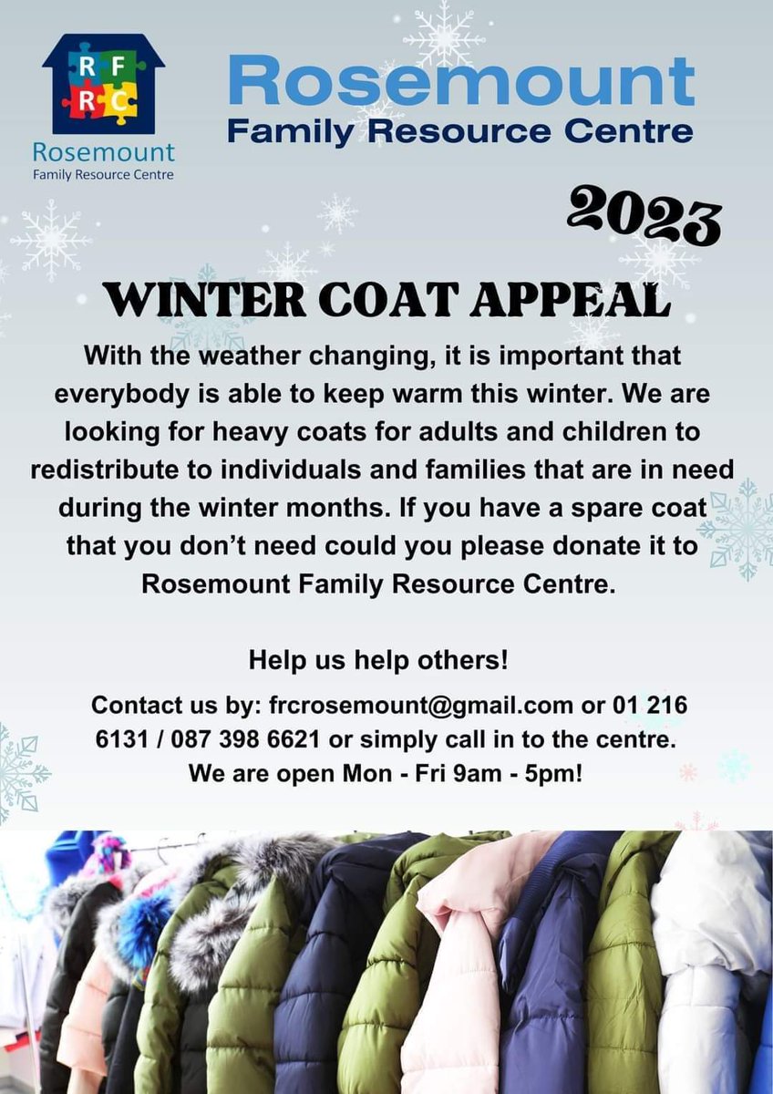 RosemountFRC's tweet photo. We are running our Winter Coat Appeal this year as we have had a number of requests and enquiries for coats. 
We are appealing to anyone in the Dundrum and wider area who may have unwanted coats, to donate them to us. https://t.co/vp1xoGpAWc