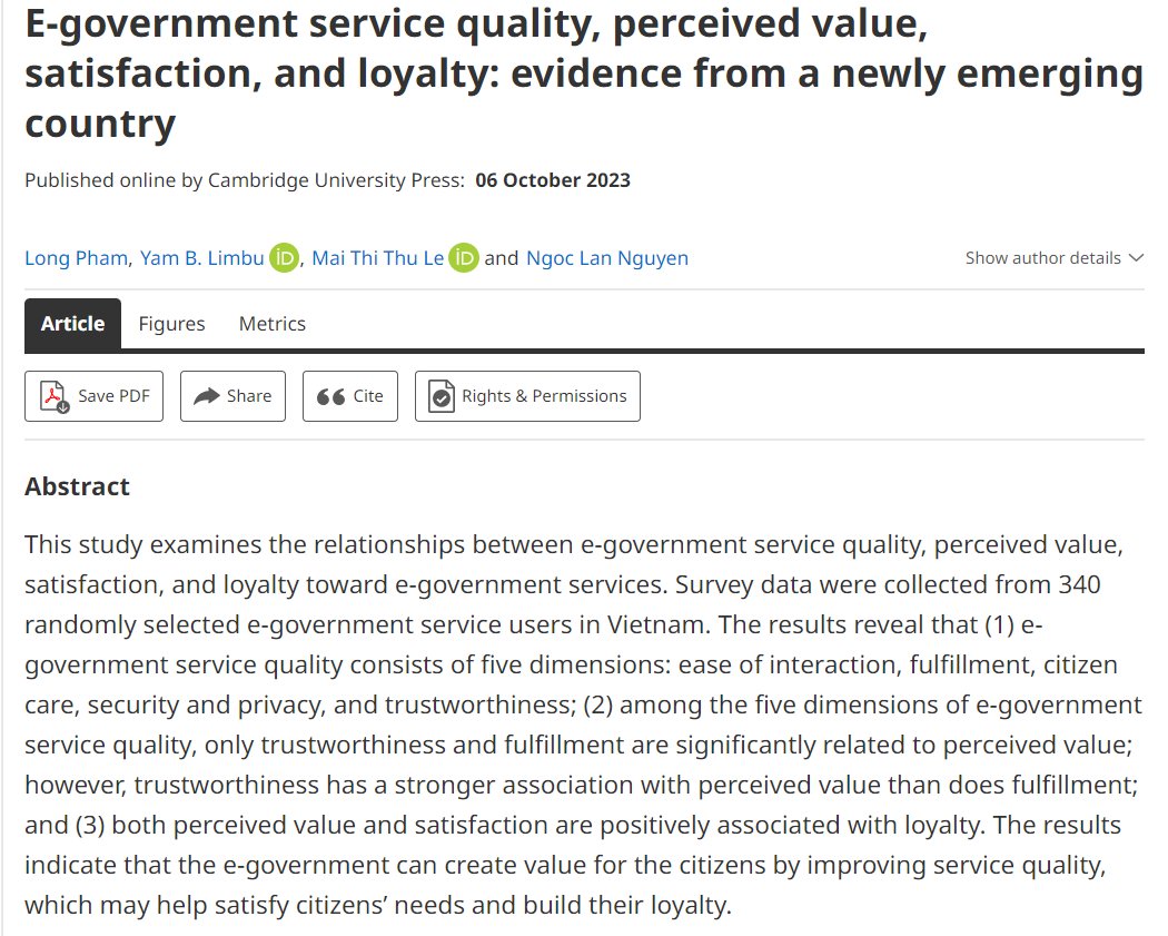 A new interesting article, “E-government service quality, perceived value, satisfaction, and loyalty: evidence from a newly emerging country', by Long Pham, Yam B. Limbu, Mai Thi Thu Le and Ngoc Lan Nguyen is now available on our FirstView page: t.ly/2CxlI