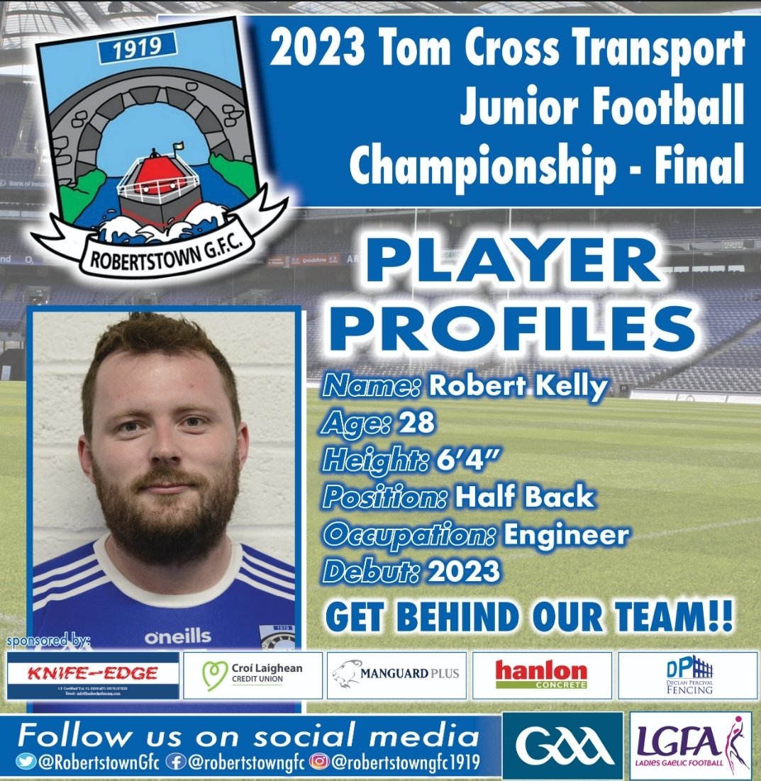 RobertstownGfc's tweet photo. Ahead of the Tom Cross Junior Football Championship Final on Sunday, we want you to meet the panel.
Next up, we have Robert Kelly
#robertstownGFC #juniorfinal #tomcrossjuniorchampioship #knifeedgefencing #kildaregaa #meettheteam https://t.co/8AojtnYueM