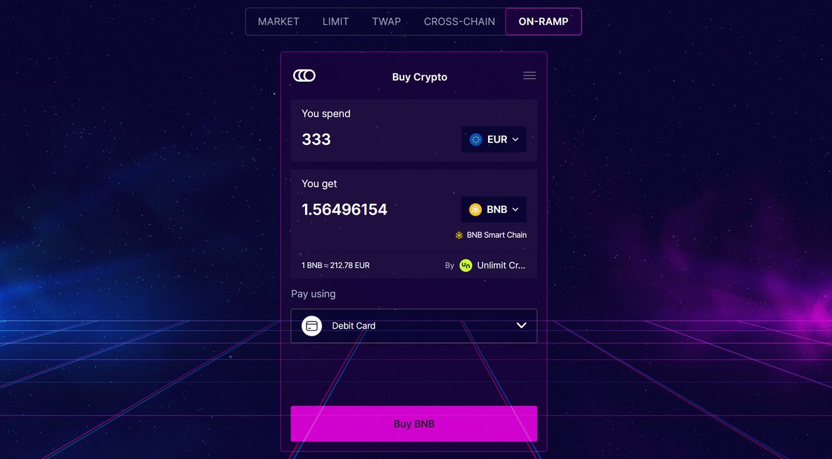 Transfer real world currencies to $BNB Chain without a lengthy registration or KYC process ✨

$THE fiat onramp orchestrator combines all the leading solutions into one simple UI. Over 180 payment methods and counting, powered by <a href="/GetOnramper/">Onramper</a>

Try it now: thena.fi/swap/onramp