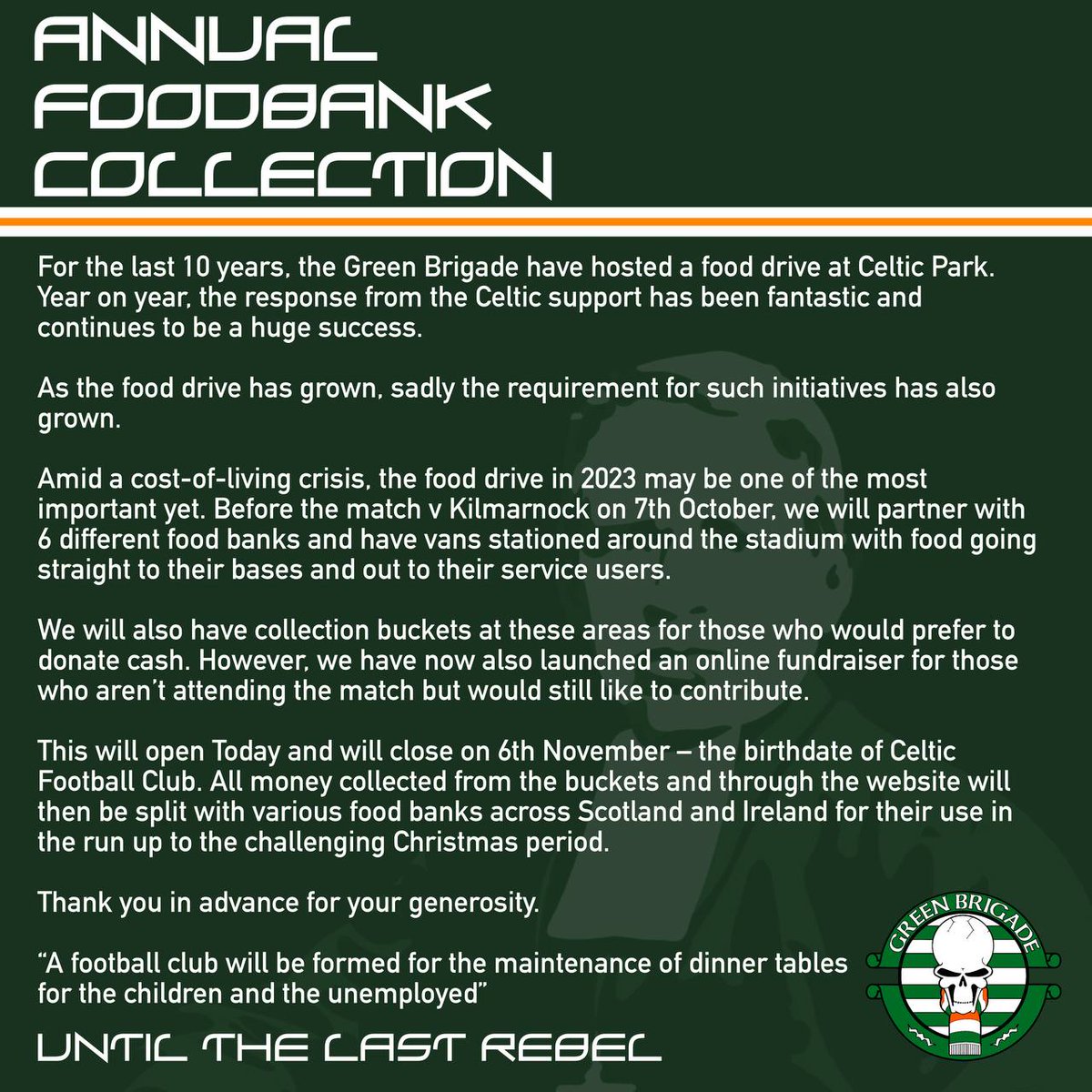 Green Brigade annual foodbank collection - online fund now open:

gofund.me/896f266d