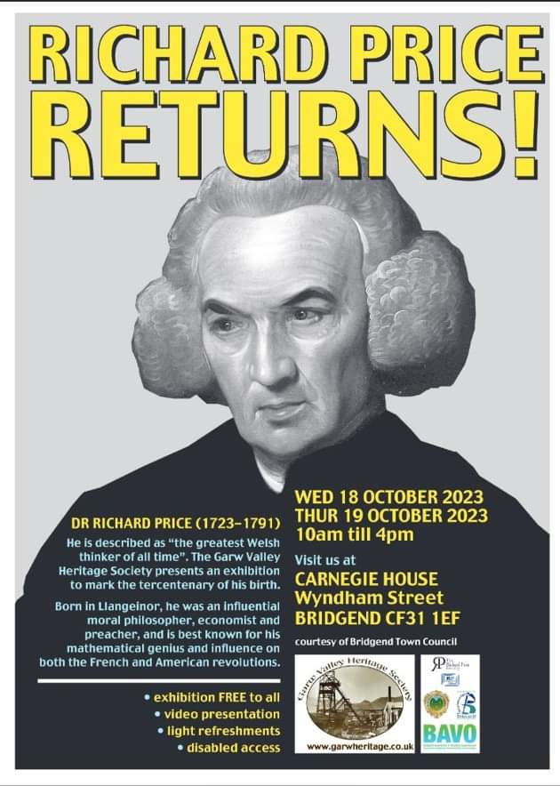 The FREE exhibition showcasing the life and legacy of Rev Dr Richard Price is back this month!

Details below 🔽

📅 18th &amp; 19th October
📍 <a href="/CHBridgend/">Carnegie House</a> (the Old Library)
⏰ 10am until 4pm  
💷 FREE (donations always welcome) 

#Wales #History <a href="/BridgendCBC/">Bridgend CB Council</a>