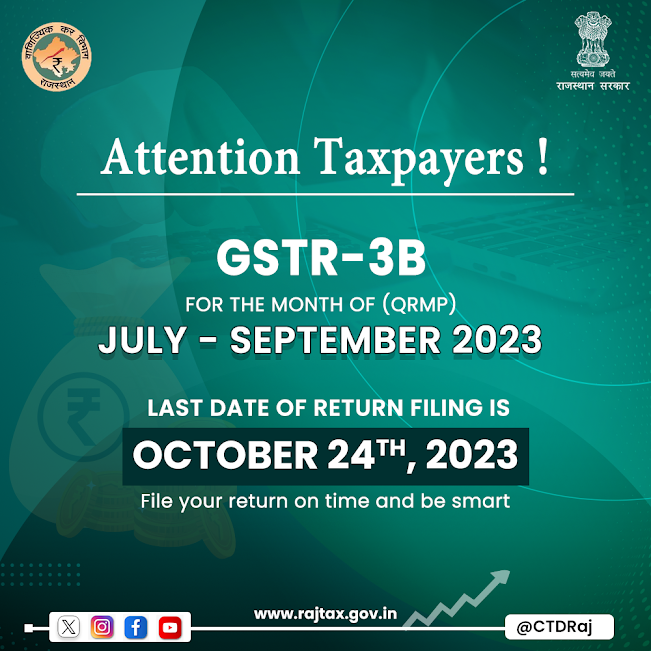 Commercial Tax Department Rajasthan urge to all taxpaiers to file your GSTR-3B (QRMP) returns before the due date of 24th October 2023 & avoid a late penalty.

#gstr3b #qrmp #ctdraj #rajtax #taxhelp #taxsupport #taxhelpdesk