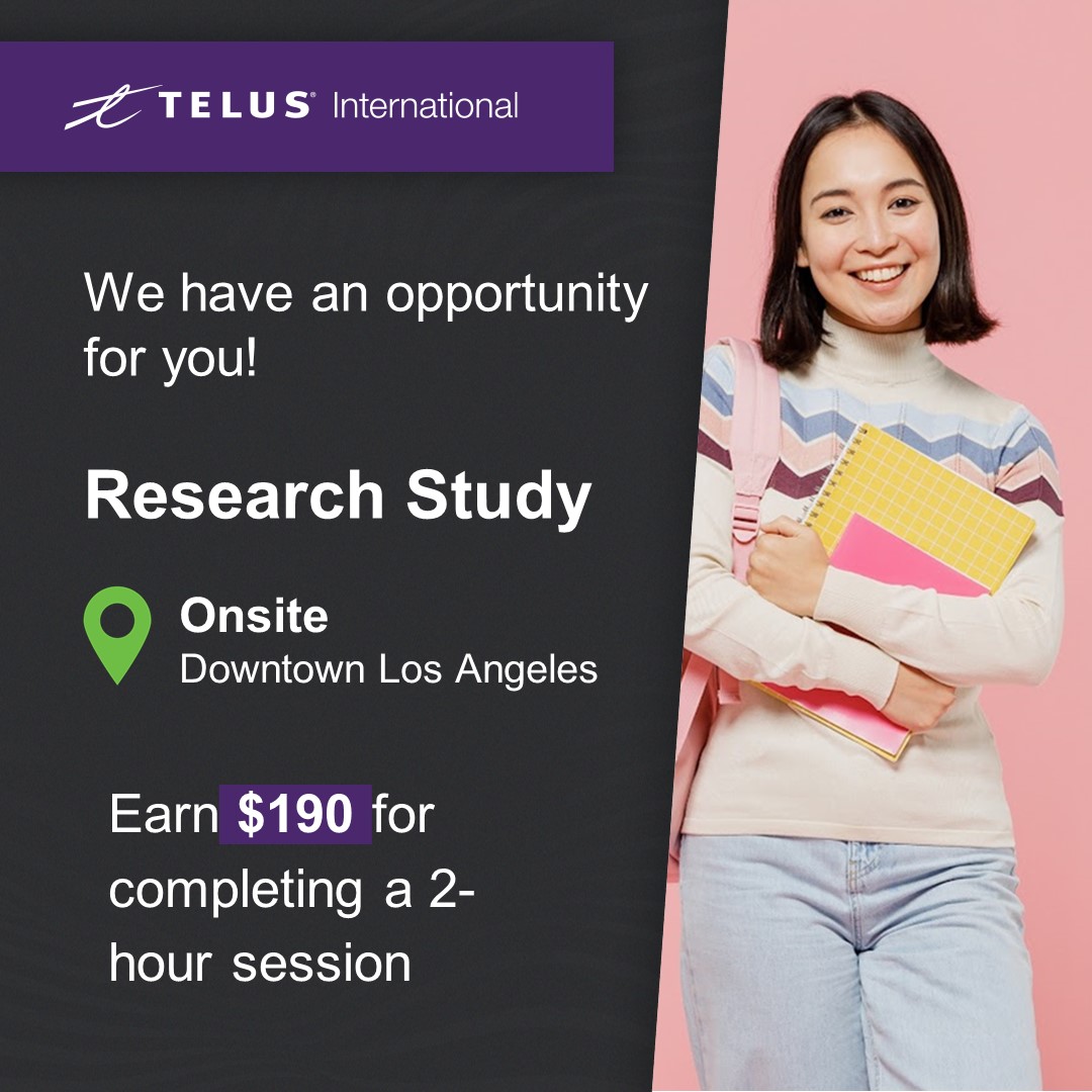 telusjai's tweet photo. Hi, California! @TELUS has an Onsite Research Study Opportunity in Downtown, Los Angeles! Refer to our LinkedIn job ad to see full details. #losangeleshiring #losangelesjobs #losangelesfreelance #californiajobs https://t.co/pHcba2rqkH https://t.co/v0VD8wolpi