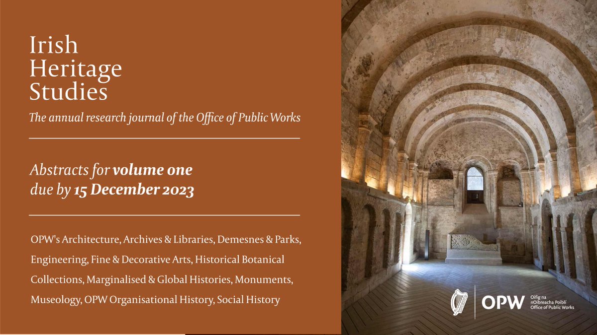 The OPW is delighted launch a new annual research journal, Irish Heritage Studies, and invites submissions for the first volume. The deadline for abstracts is 15 December 2023 with the first issue due for publication in 2025. Further info at cutt.pulse.ly/o46zpu0tdm
