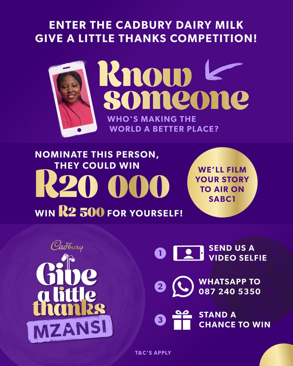 Official_SABC1's tweet photo. To enter:
1. Whatsapp your video nomination entry to 087 240 5350
2. Tell us why you are nominating this person, Add that glass and a half, tag your friends.
#CadburyDairyMilk #GlassAndAHalf https://t.co/Ea44eTVi7x