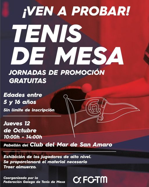 Proba o Tenis de Mesa no Club del Mar! 🏓😃

Próximo xoves 12 de outubro de 10:00 a 14:00 horas.

‼️ Xornada de portas abertas para nen@s entre 5 e 16 anos.

Anímate 🤗

#ClubDelMar #SanAmaro #Coruña #TenisDeMesa #PingPong #TableTennis