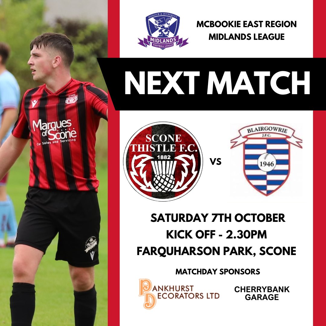 📆 - Saturday 7th October 2023
🆚 - Blairgowrie FC 
🏆 - McBookie Midlands League
⌚️ - KO 2.30pm
📍 - Farquharson Park, Scone
🎟️ - Adults £6, OAP/Concession £3

Matchday Sponsors - Pankhurst Decorators Ltd &amp; Cherrybank Garage

🔴⚫️🔴
#TheJaggies