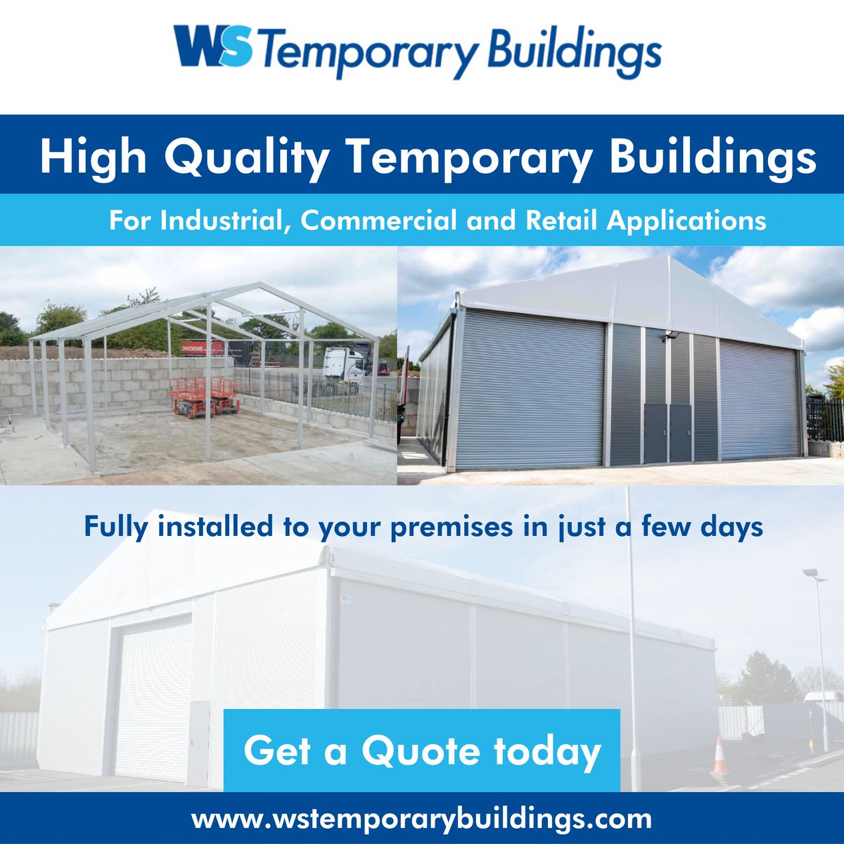 BuildingsWs's tweet photo. Discover the versatility of WS Temporary Buildings! 🏢 Whether you need a large multi-purpose warehouse, a service bay, or a workshop, we've got you covered. 
Visit our website for a quick and easy quote: https://t.co/cZF9g57JLh 
#TemporaryBuildings #workshops #storage  #loading https://t.co/o6YPbz4RP9