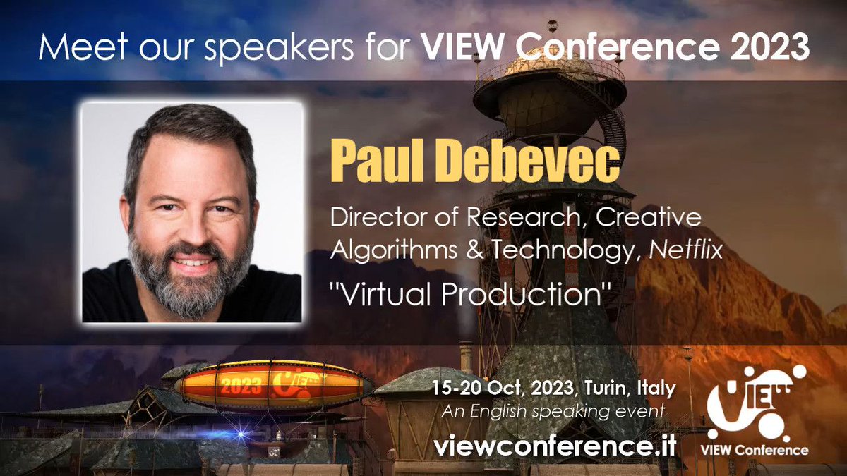 fabiodizz's tweet image. #PaulDebevec is confirmed as a speaker at #VIEWConference 2023 for an amazing #talk!
Paul Debevec is #Netflix’s Director of #Research for Creative Algorithms and #Technology.

Tickets here:
viewconference.it/pages/registra…

📆15-20 Oct 2023 | Turin | Italy

#jobs #ai #vfx #cgi #animation