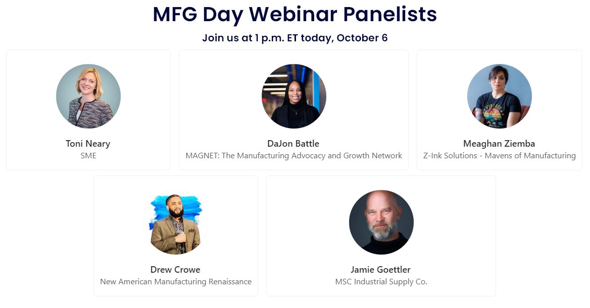 SME_MFG's tweet photo. Happy MFG Day! Today at 1 p.m. ET, join our FREE MFG Day webinar to learn how manufacturing can address labor shortages by empowering underserved communities.
#MFGDay23 #CreatorsWanted #ManufacturingTalentWanted
REGISTER TODAY: https://t.co/8QhLAk9Zi2 https://t.co/d6KB6zaSWf