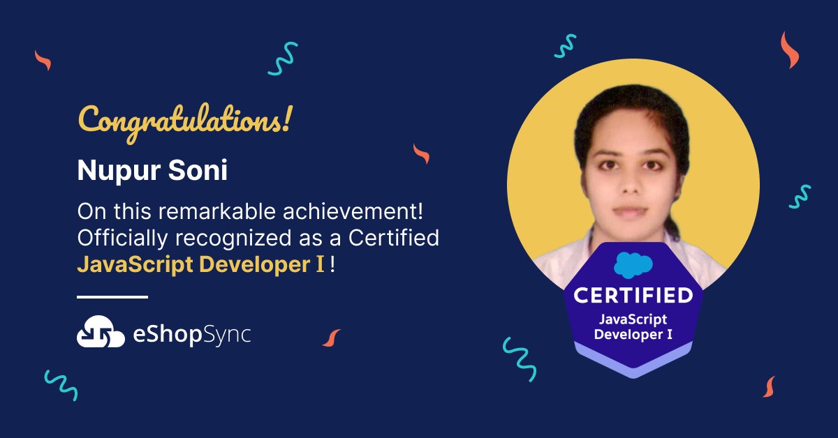 eShopSync (@eshopsync) on Twitter photo We would like to congratulate Nupur Soni for obtaining the <a href="/Salesforce/">Salesforce</a> JavaScript Developer 1 certification. It will serve as an inspiration for others to learn and grow.
#platform #Salesforce #CRM #developer #JavaScript #certified We would like to congratulate Nupur Soni for obtaining the <a href="/Salesforce/">Salesforce</a> JavaScript Developer 1 certification. It will serve as an inspiration for others to learn and grow.
#platform #Salesforce #CRM #developer #JavaScript #certified