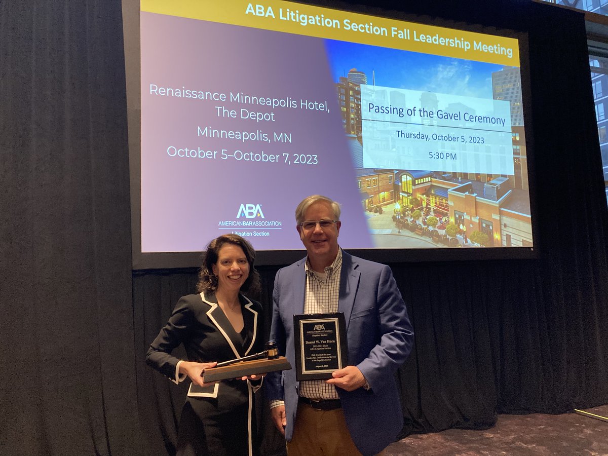 ABALitigation's tweet photo. The ABA Litigation Section Fall Leadership Meeting is underway! Section Chair Anne Marie Seibel and Immediate Past Chair Daniel W. Van Horn (Danny) are featured here at yesterday's Passing of the Gavel Ceremony. https://t.co/tBZbtW6730