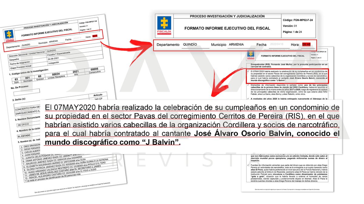 revistaRAYA's tweet photo. #EXCLUSIVO @revistaRAYA y @RTVCnoticias revelan documentos ocultos de la Fiscalía en los que Cesar Augusto Giraldo, alias "Calzones", aliado del expresidente Uribe, aparece como narco de La Cordillera. Igualmente, revela un concierto privado de 'J Balvin' en mayo de 2020 para el jefe de esa banda criminal y socio de "Calzones", alias "Diego Pereira"🚨https://t.co/z8fvf9QuKl