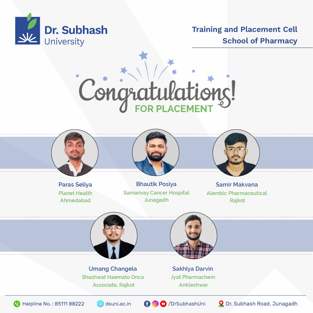Meet the talented individuals from our Training and Placement Cell at the School of Pharmacy! 👩‍🔬👨‍🔬 They're making waves in the world of healthcare and pharmaceuticals: success stories! 🎓💊 #SchoolofPharmacy #TalentSpotlight #DSU #DrSubhashUniversity